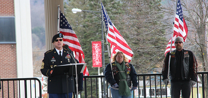 Former Army Sgt. Major John Sheldon delivers remarks at Veterans Day Ceremony