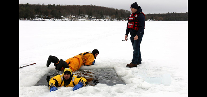 Cold water and ice rescue training at Chenango Lake